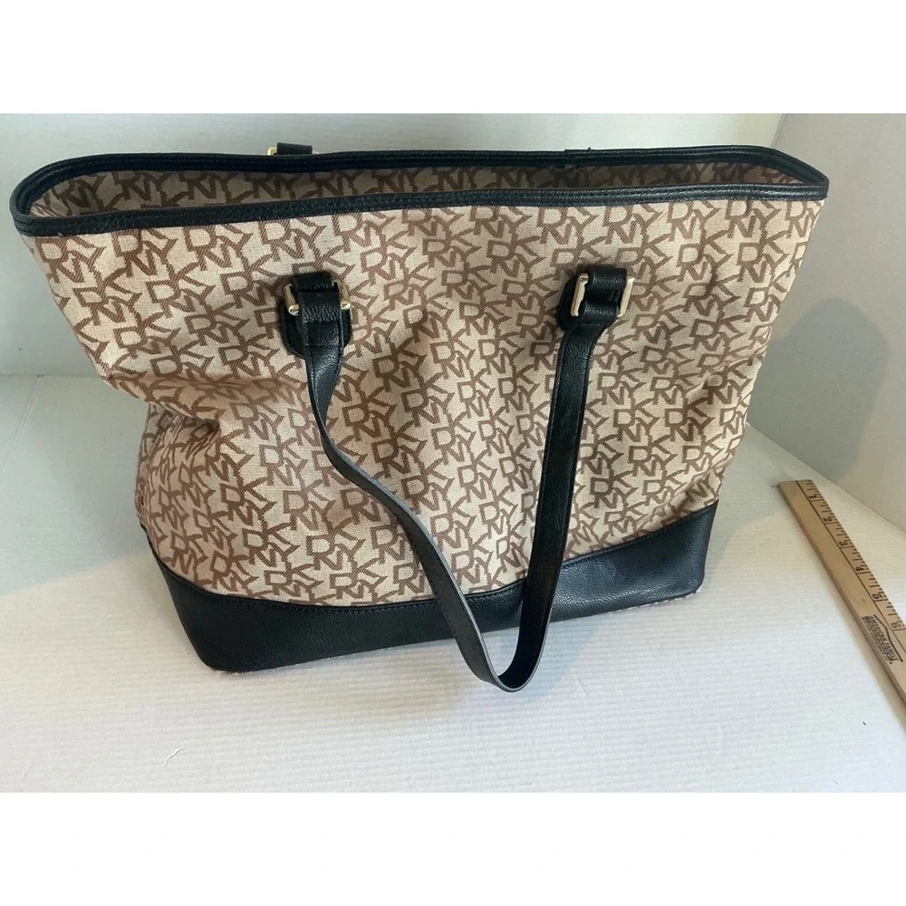 DKNY Tote Bag Monogram Logo Canvas Black Leather Trim Large Shoulder Bag Handbag